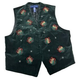 Karen Scott Green Velvet Embroidered Pine Cone Christmas Holiday Vest Size Large